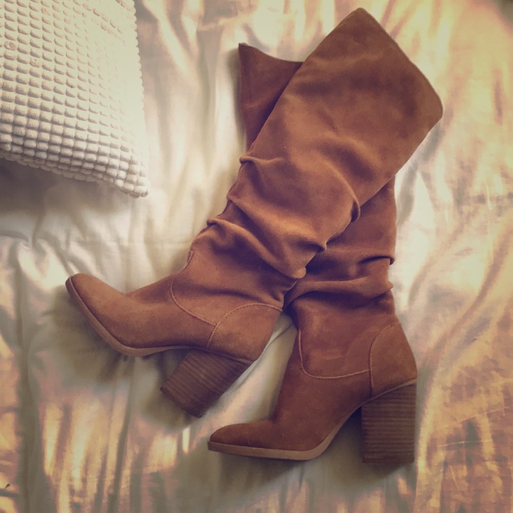 Cognac Suede Knee High Boots - Abbee Pull-On